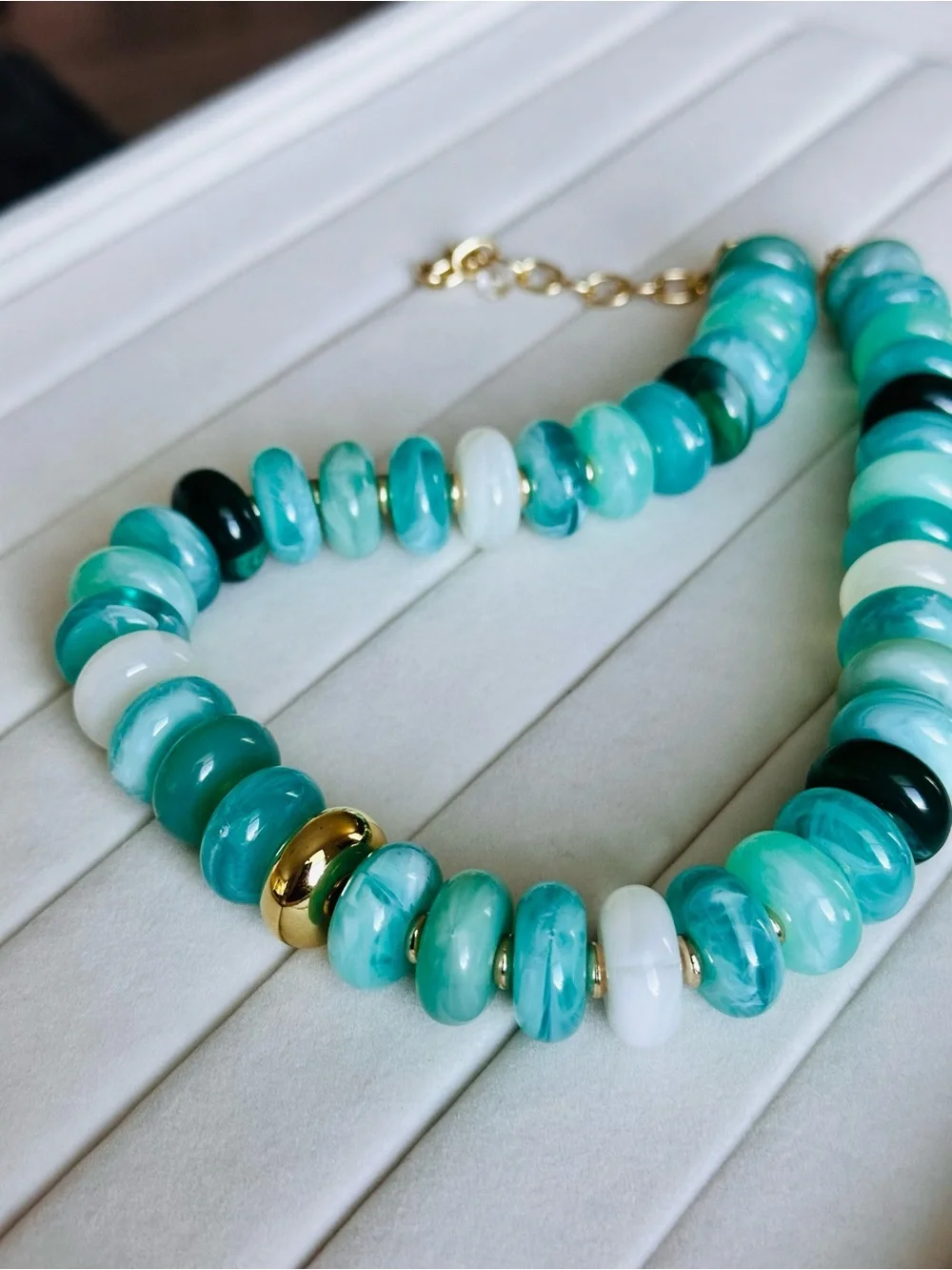 Statement Green Beaded Necklace with Gold Accents